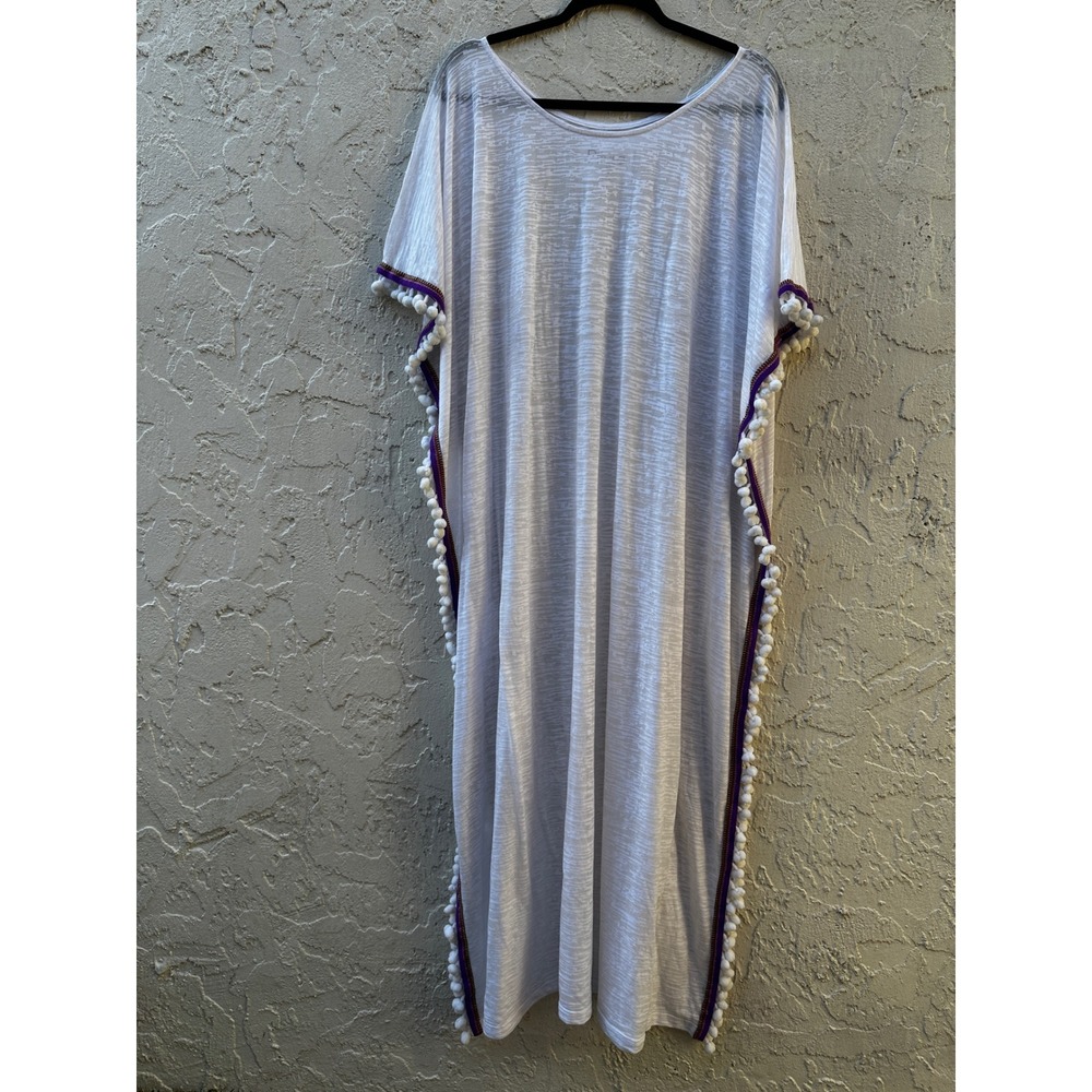 Pitusa White Pom Pom Kaftan Maxi Dress Cover Up Beach Petite One Size Peru